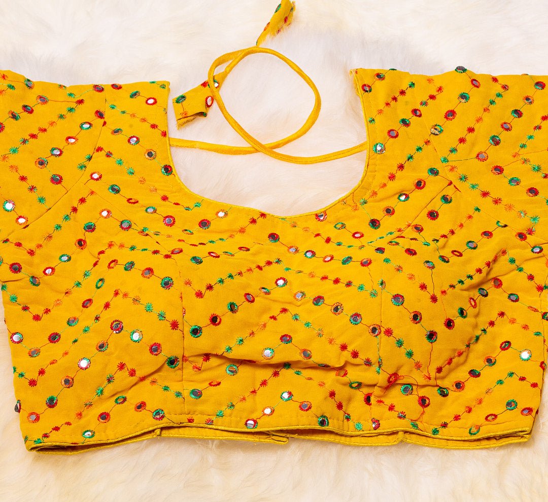 Sunshine Yellow Mirror Embroidered Blouse with Elegant Long Sleeves, Perfect for Any Occasion - swadeshsouq.com