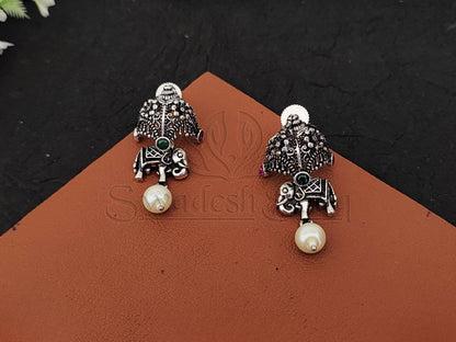 Swinging Pearl Oxidised Silver Earrings - A Playful Fusion of Elegance and Whimsy. - swadeshsouq.com