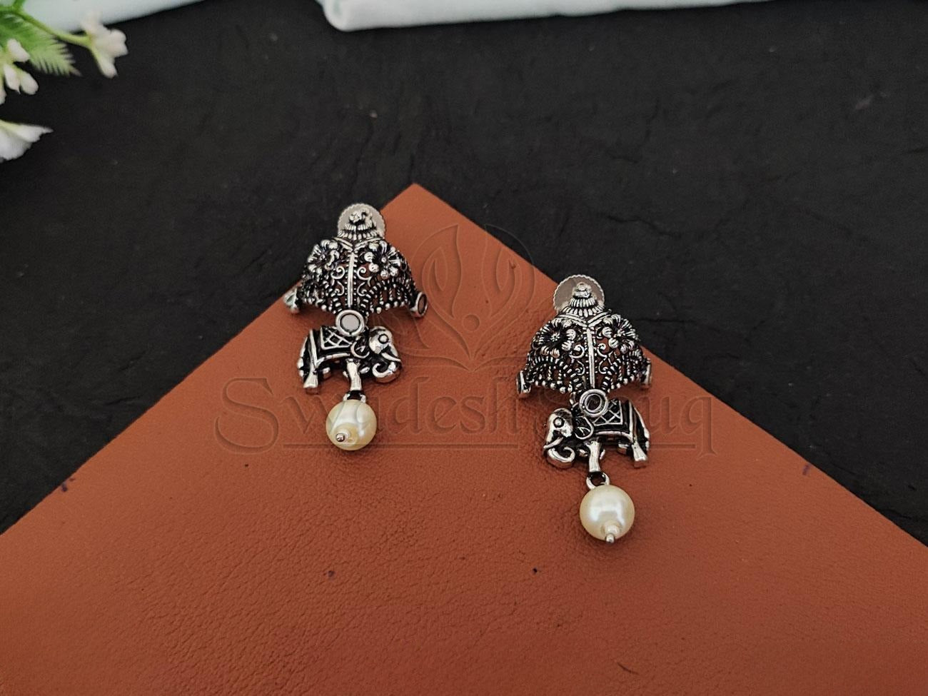 Swinging Pearl Oxidised Silver Earrings - A Playful Fusion of Elegance and Whimsy. - swadeshsouq.com