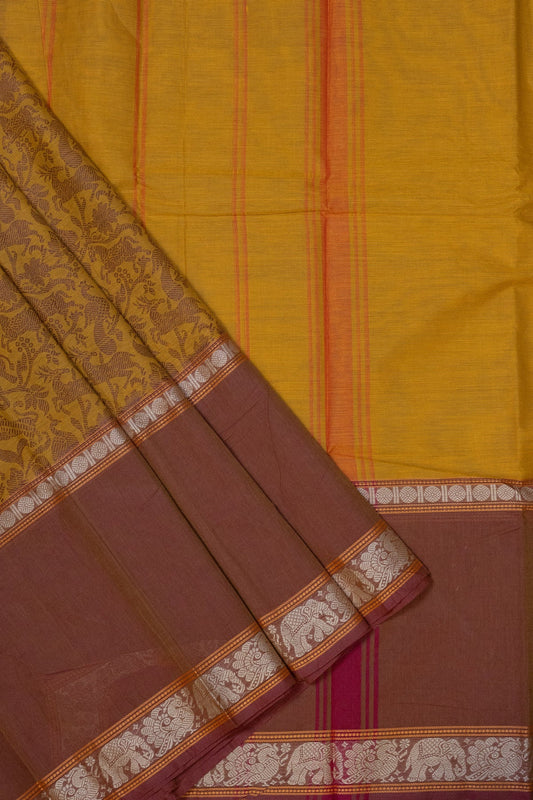 Tangerine Elegance: Yellow and Red Vanasingaram Saree - swadeshsouq.com