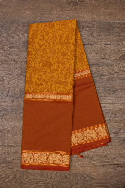 Tangerine Elegance: Yellow and Red Vanasingaram Saree - swadeshsouq.com