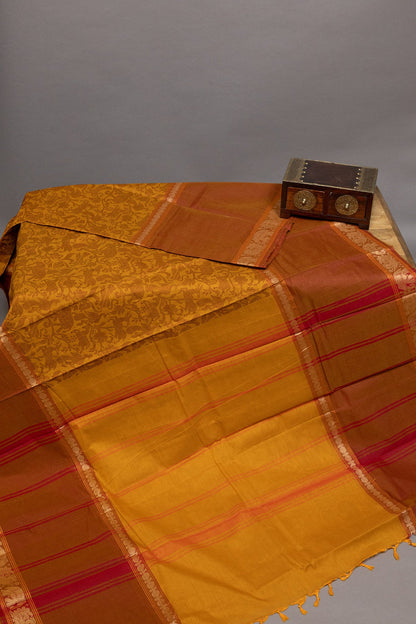 Tangerine Elegance: Yellow and Red Vanasingaram Saree - swadeshsouq.com