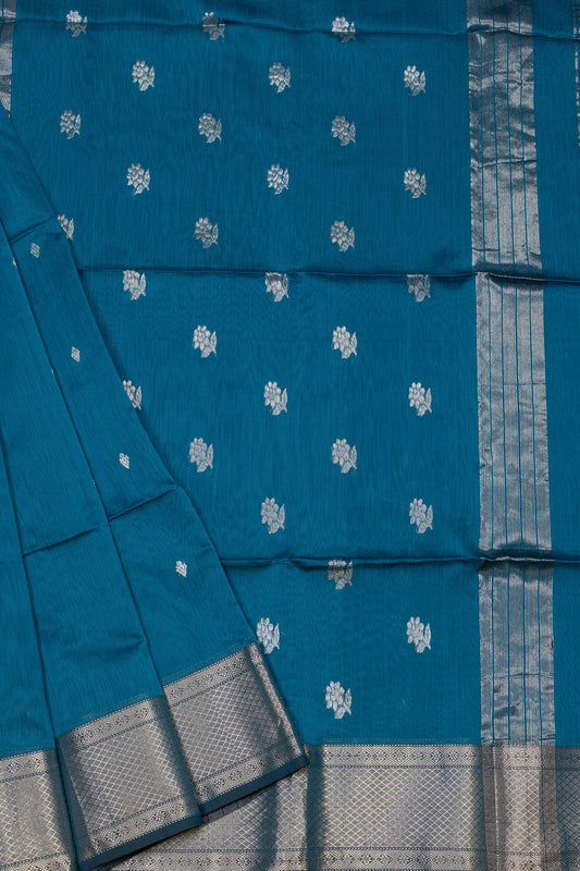 Teal Blue Maheshwari Silk-Cotton Saree with Rose Butti & Silver Zari Borders - swadeshsouq.com