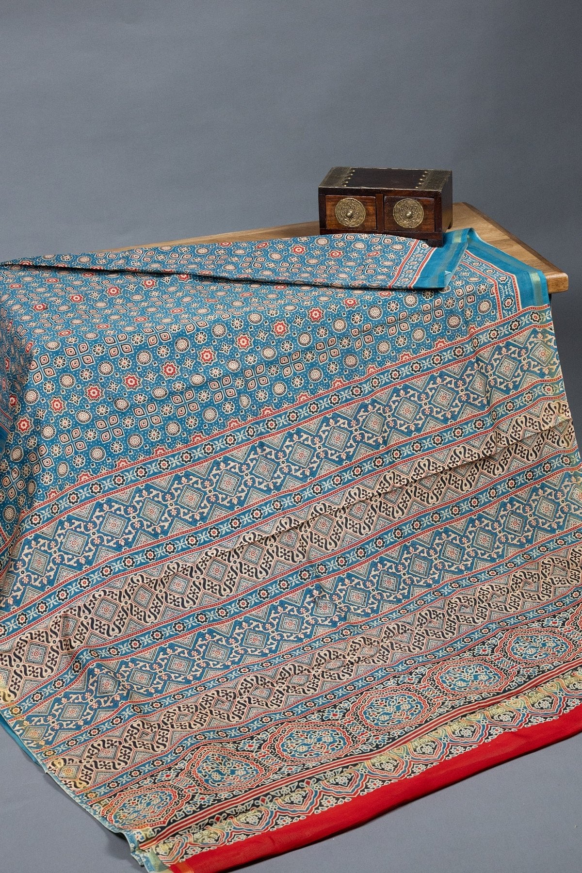 Teal Blue & Red Silk-Cotton Elegance: Ajrak Artistry Meets Gold Zari Glamour - swadeshsouq.com