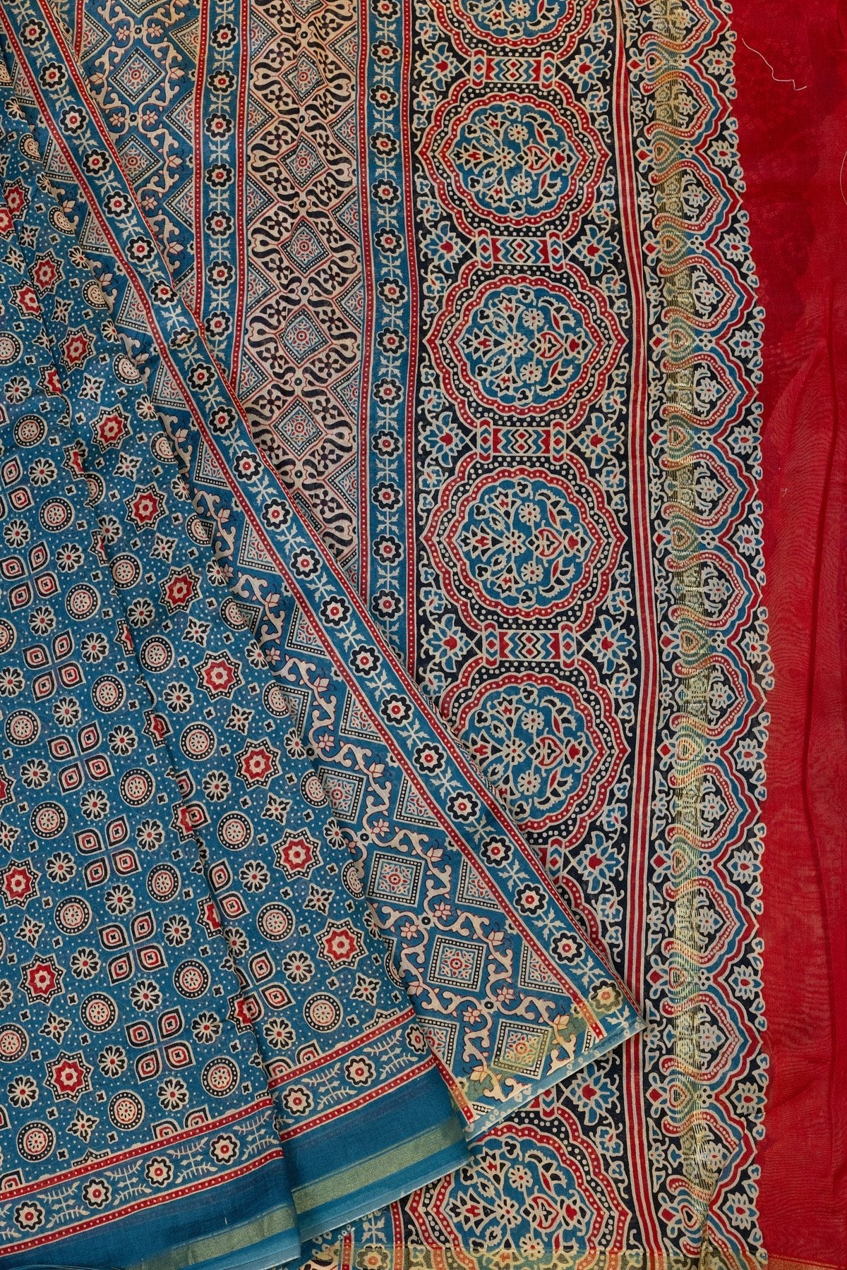 Teal Blue & Red Silk-Cotton Elegance: Ajrak Artistry Meets Gold Zari Glamour - swadeshsouq.com