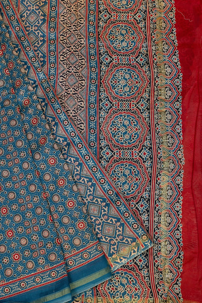 Teal Blue & Red Silk-Cotton Elegance: Ajrak Artistry Meets Gold Zari Glamour - swadeshsouq.com