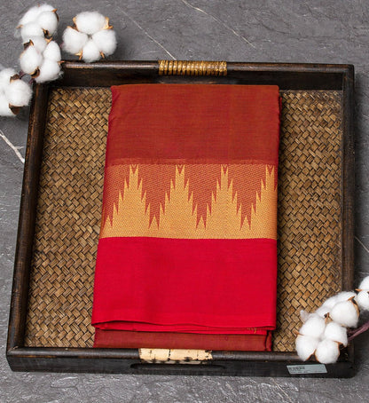 Temple Elegance" - the stunning Amber and Red Double Border Chettinad Cotton Saree, - swadeshsouq.com