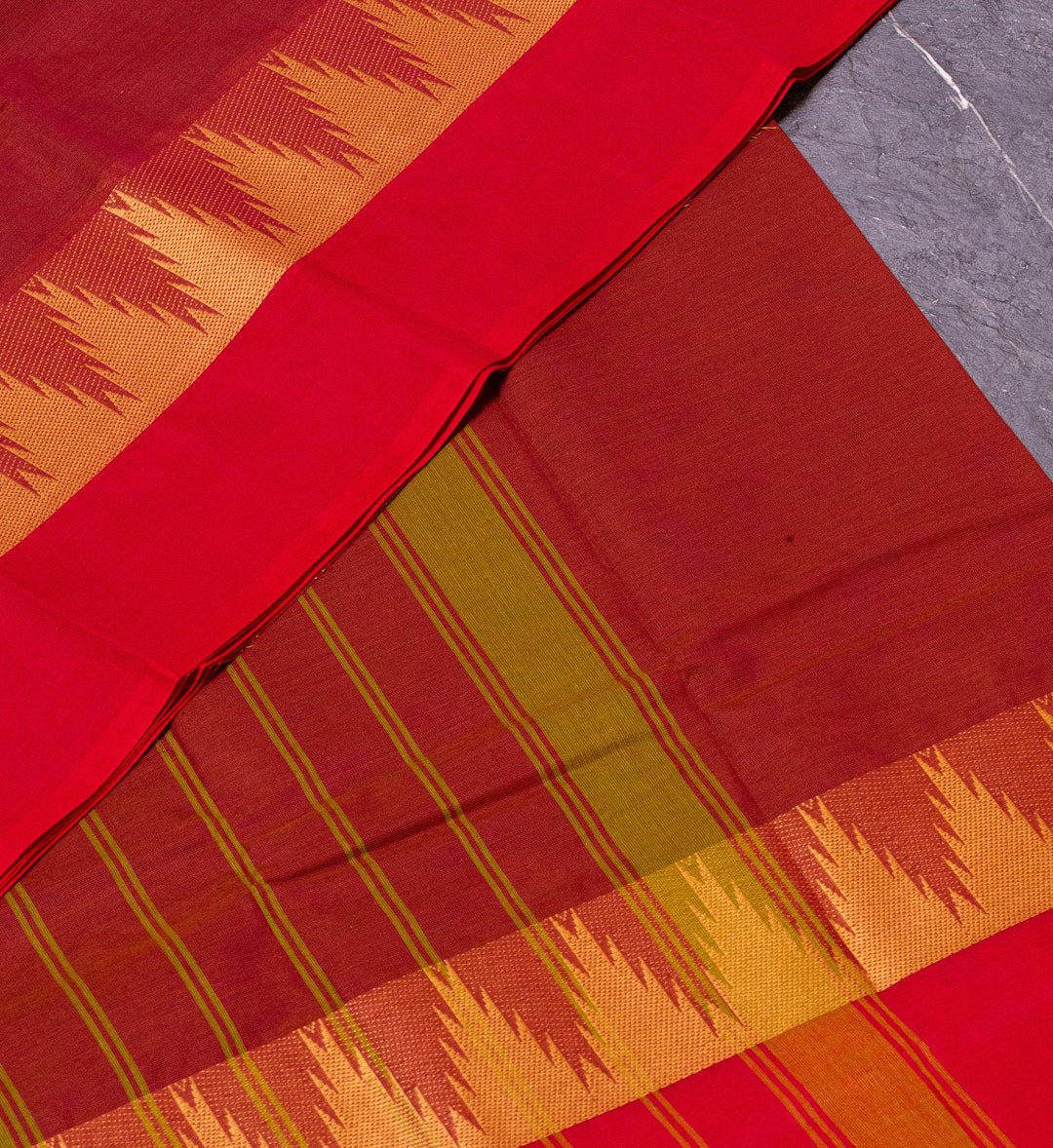 Temple Elegance" - the stunning Amber and Red Double Border Chettinad Cotton Saree, - swadeshsouq.com