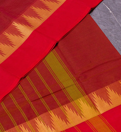 Temple Elegance" - the stunning Amber and Red Double Border Chettinad Cotton Saree, - swadeshsouq.com