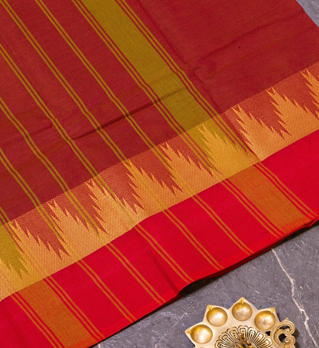 Temple Elegance" - the stunning Amber and Red Double Border Chettinad Cotton Saree, - swadeshsouq.com