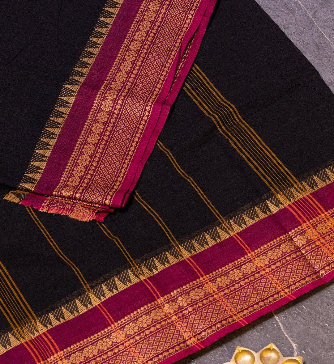 "Temple Radiance" - Black and Pink Thread Border Chettinad Saree - swadeshsouq.com