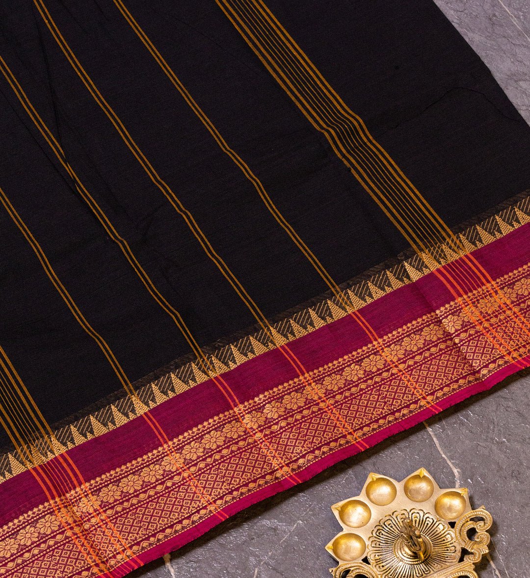 "Temple Radiance" - Black and Pink Thread Border Chettinad Saree - swadeshsouq.com