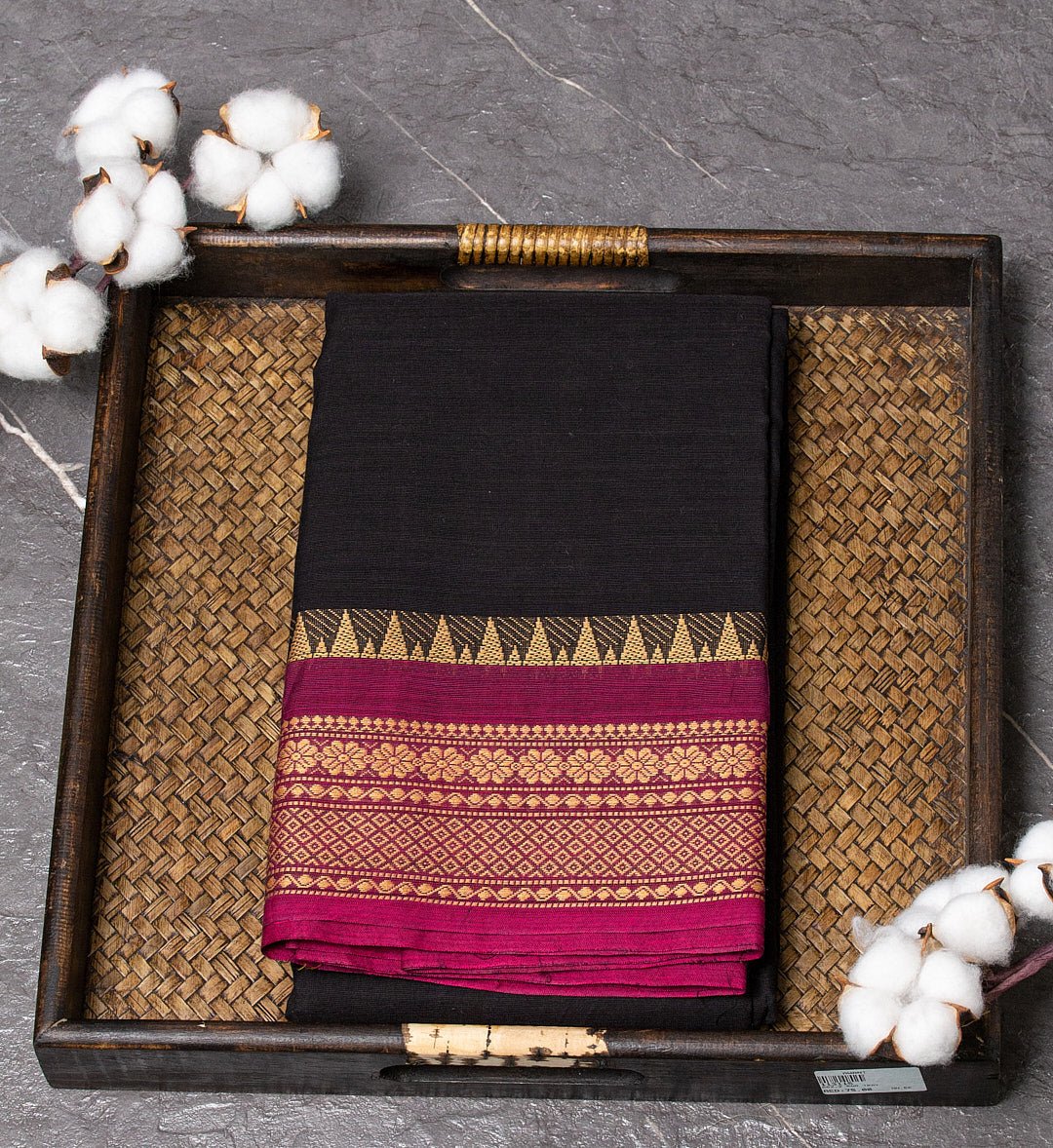 "Temple Radiance" - Black and Pink Thread Border Chettinad Saree - swadeshsouq.com