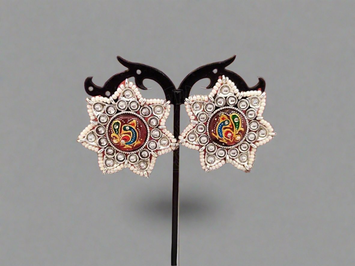 The Art of Meenakari - Floral Oxidised Silver Studs Embossed with Kundans and Pearls. - swadeshsouq.com