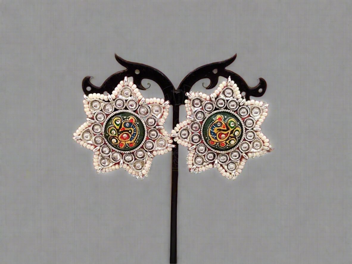 The Art of Meenakari - Floral Oxidised Silver Studs Embossed with Kundans and Pearls. - swadeshsouq.com