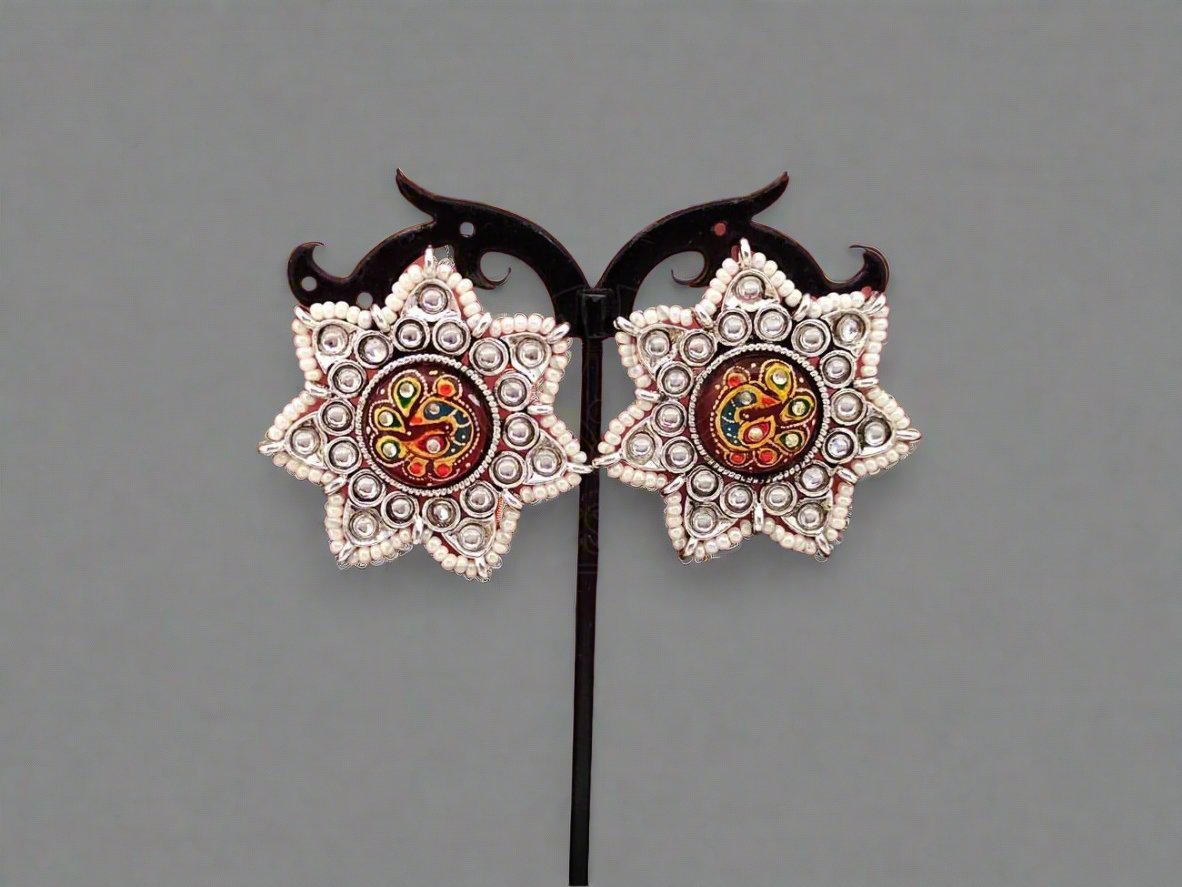 The Art of Meenakari - Floral Oxidised Silver Studs Embossed with Kundans and Pearls. - swadeshsouq.com