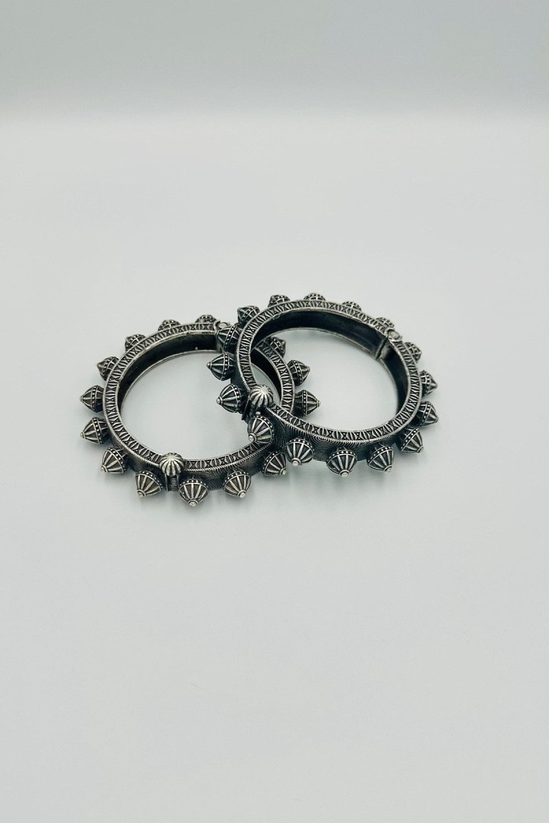 The Oxidised Silver Bangles with Floral Design - swadeshsouq.com