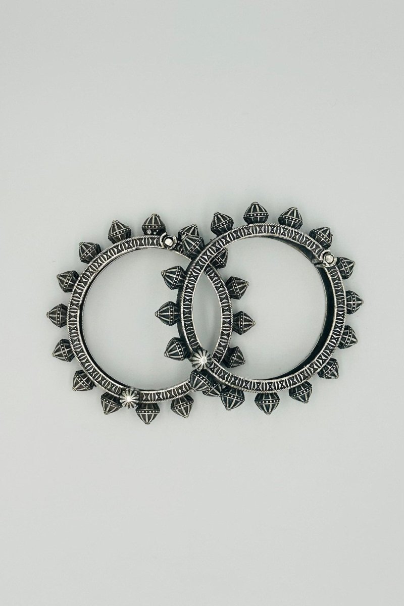 The Oxidised Silver Bangles with Floral Design - swadeshsouq.com