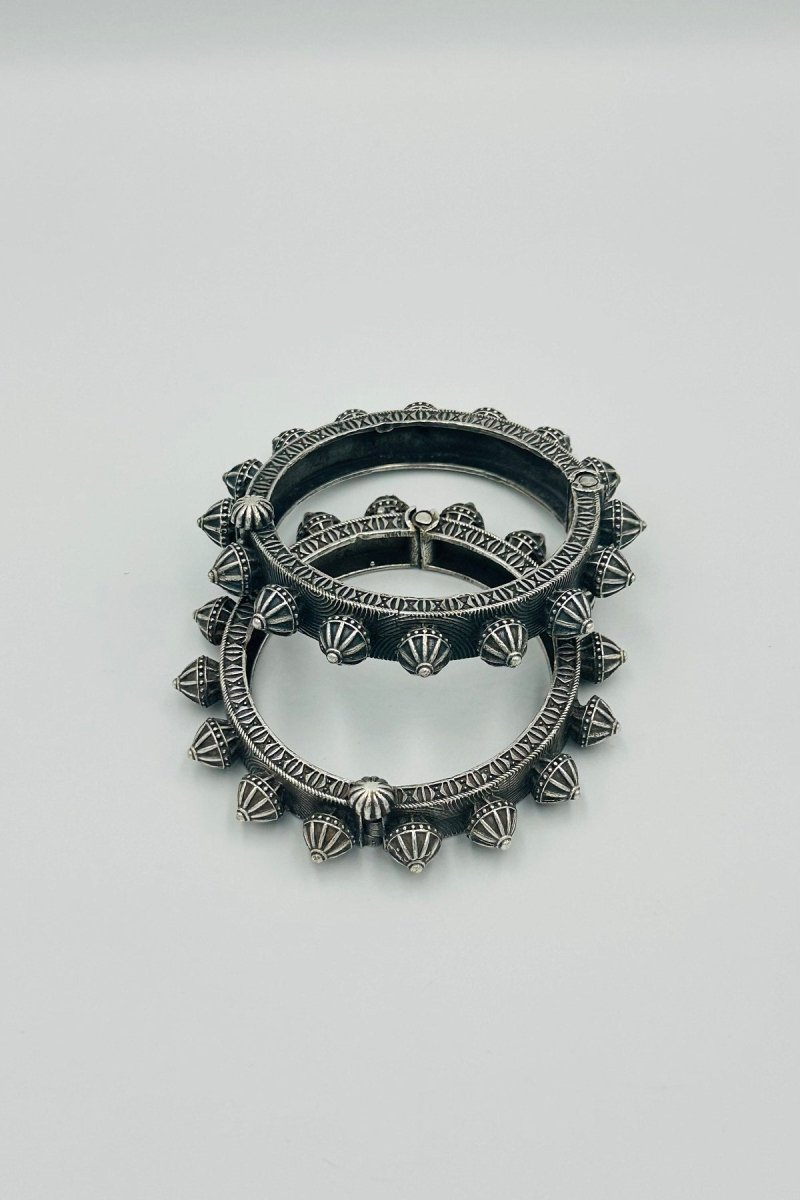 The Oxidised Silver Bangles with Floral Design - swadeshsouq.com