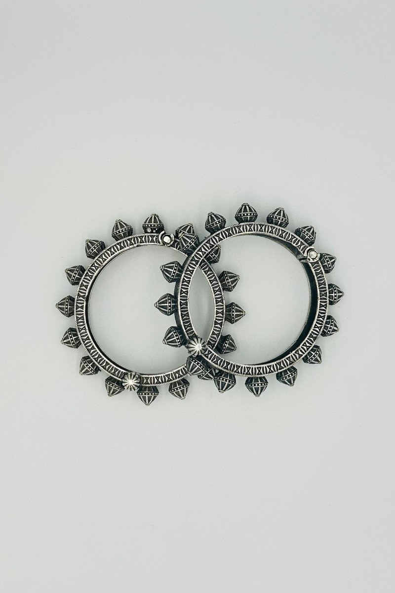 The Oxidised Silver Bangles with Floral Design - swadeshsouq.com