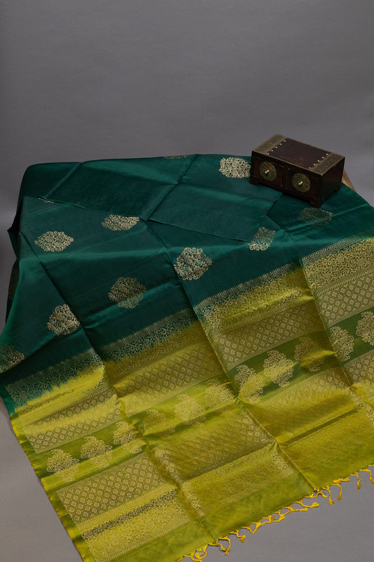 TIMELESS BEAUTY: GREEN AND MUSTARD YELLOW KANJIVARAM SILK SAREE - swadeshsouq.com