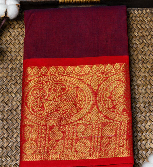 Timeless Elegance: Dark Maroon and Red Zari Border Chettinad Cotton Saree with Ashwa Motif Embellishments. - swadeshsouq.com