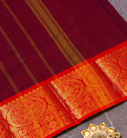 Timeless Elegance: Dark Maroon and Red Zari Border Chettinad Cotton Saree with Ashwa Motif Embellishments. - swadeshsouq.com