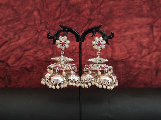 Timeless Elegance - Intricately Crafted Silver Jhumkas Embossed with Stones and Pearls. - swadeshsouq.com