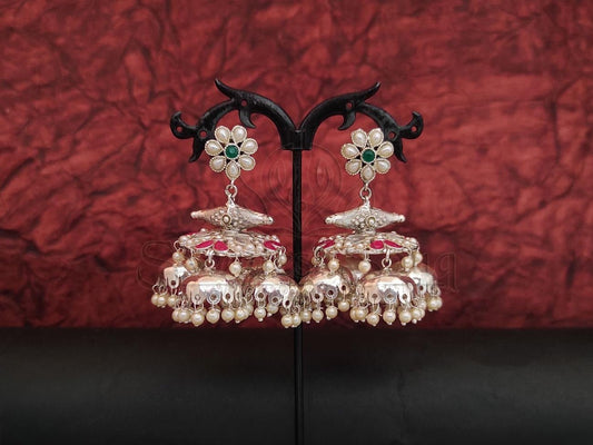 Timeless Elegance - Intricately Crafted Silver Jhumkas Embossed with Stones and Pearls. - swadeshsouq.com