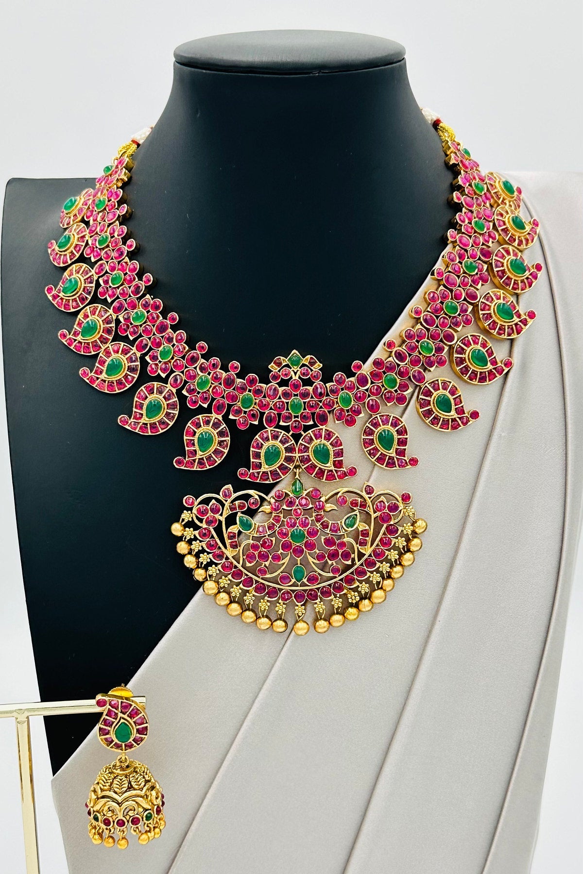 Timeless Elegance: The Exquisite Temple Motif Necklace and Jhumka Set. - swadeshsouq.com