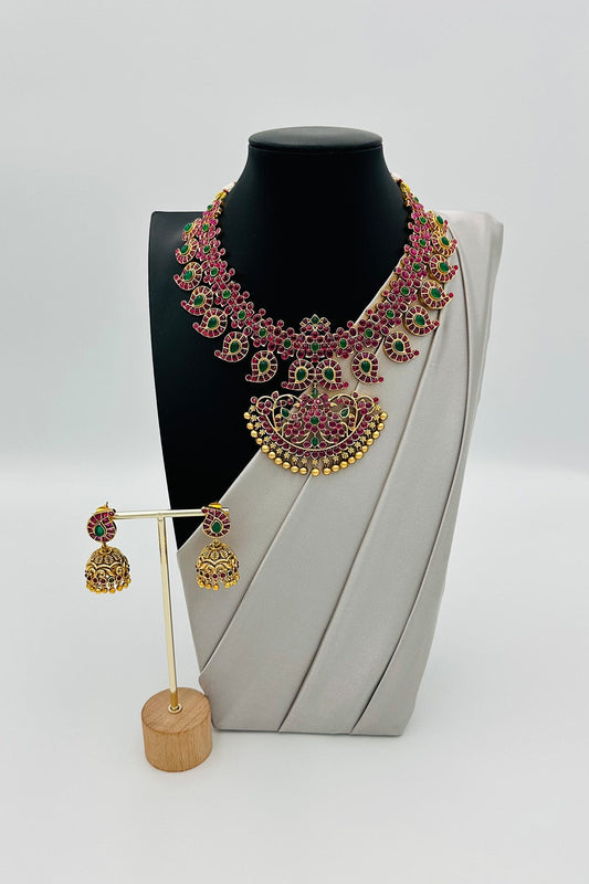 Timeless Elegance: The Exquisite Temple Motif Necklace and Jhumka Set. - swadeshsouq.com