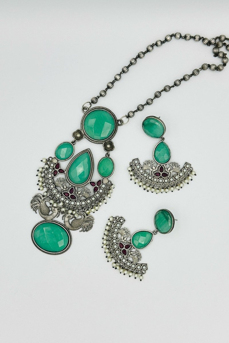 Turquoise Charm: Silver Necklace Set with Red Accents - swadeshsouq.com