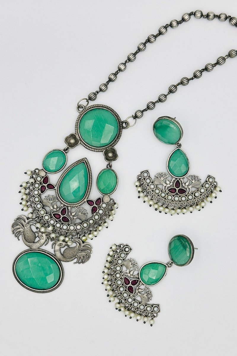 Turquoise Charm: Silver Necklace Set with Red Accents - swadeshsouq.com