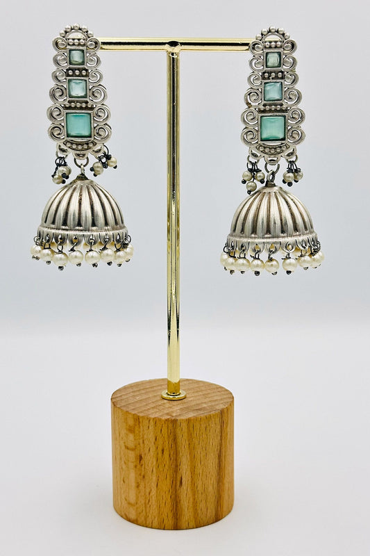 Turquoise Elegance: Silver Jhumkas with Pearls - swadeshsouq.com