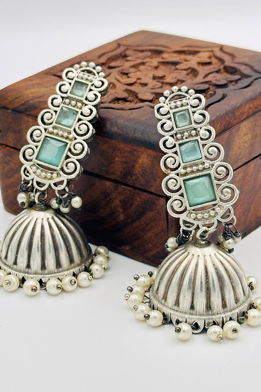 Turquoise Elegance: Silver Jhumkas with Pearls - swadeshsouq.com