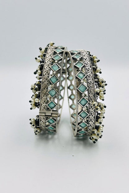 Turquoise Tempest: Silver Kada Bangles with Pearls - swadeshsouq.com