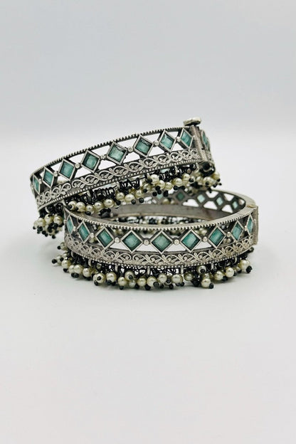 Turquoise Tempest: Silver Kada Bangles with Pearls - swadeshsouq.com