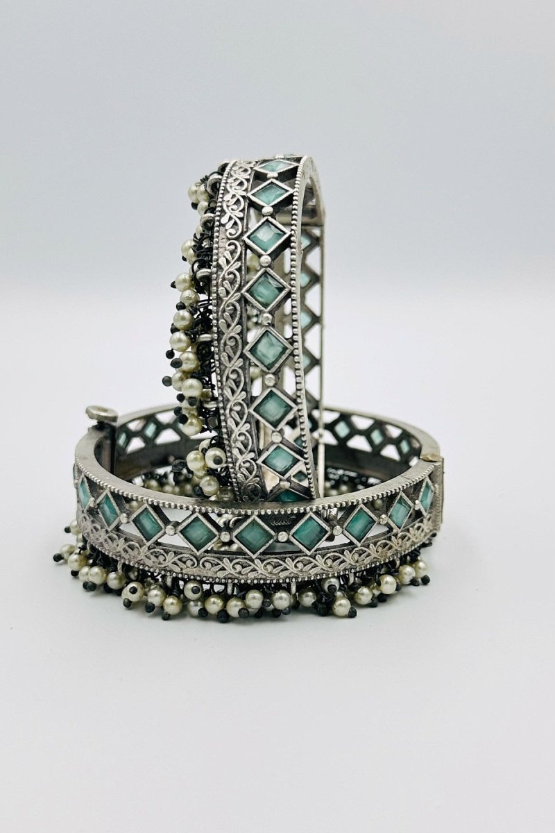 Turquoise Tempest: Silver Kada Bangles with Pearls - swadeshsouq.com