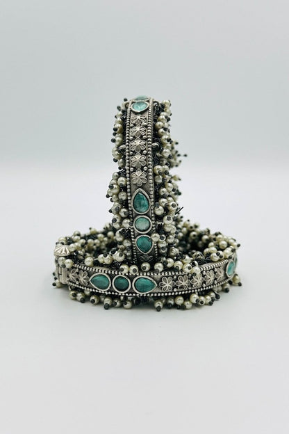 Turquoise Tide: Blue Stone and Pearl Silver Bangles - swadeshsouq.com