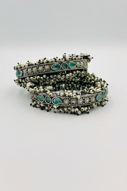 Turquoise Tide: Blue Stone and Pearl Silver Bangles - swadeshsouq.com