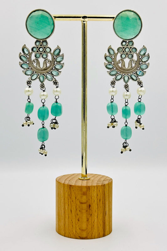 Turquoise Tranquility: Silver Dangler Earrings with Floral Elegance - swadeshsouq.com