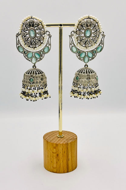 Turquoise Twilight Silver Jhumkas - swadeshsouq.com