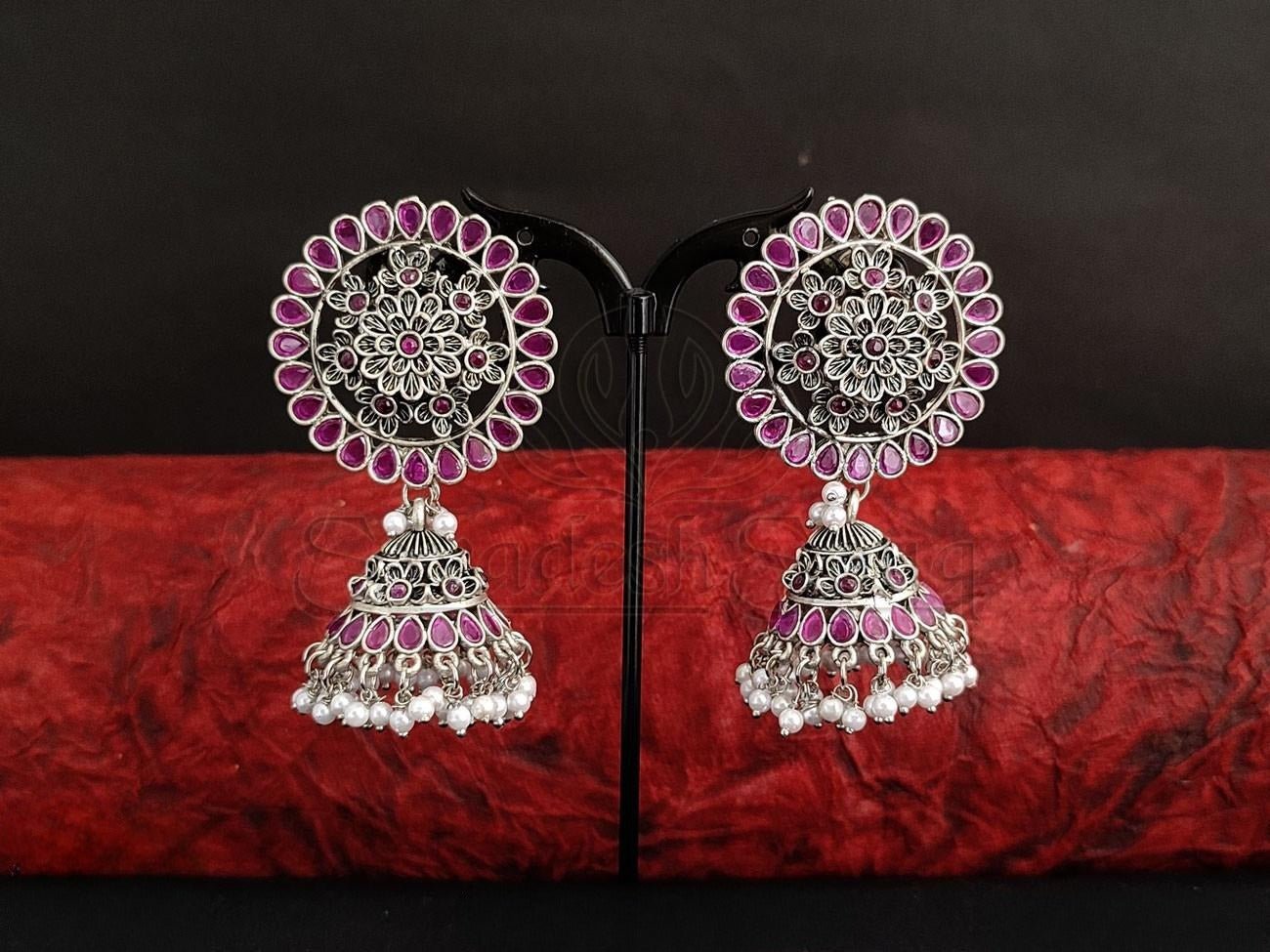 Unique Oxidised Silver Jhumka Earrings with Striking Crimson Red Detailing. - swadeshsouq.com