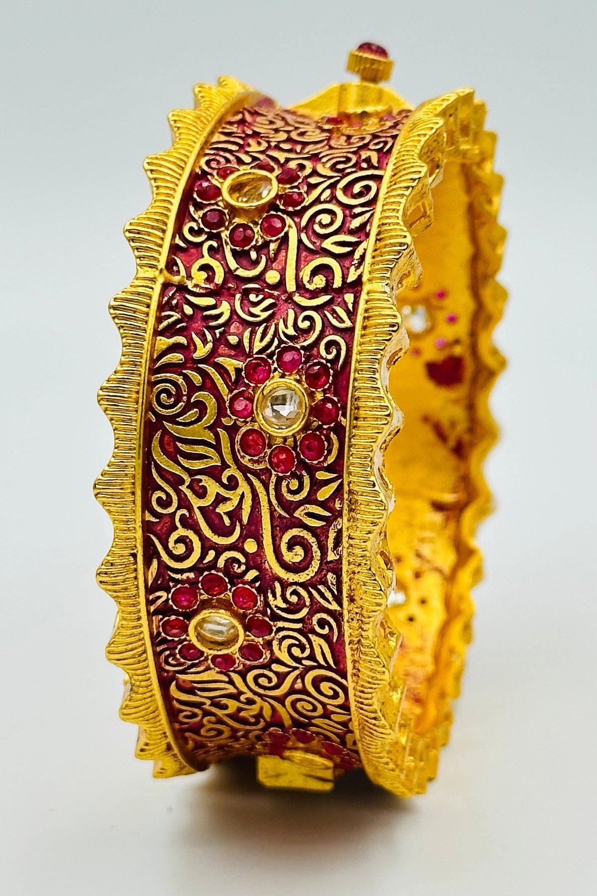 Unleash the Splendor of Vintage Glamour with Our Antique Design Bangles in Rani Pink and Gold. - swadeshsouq.com