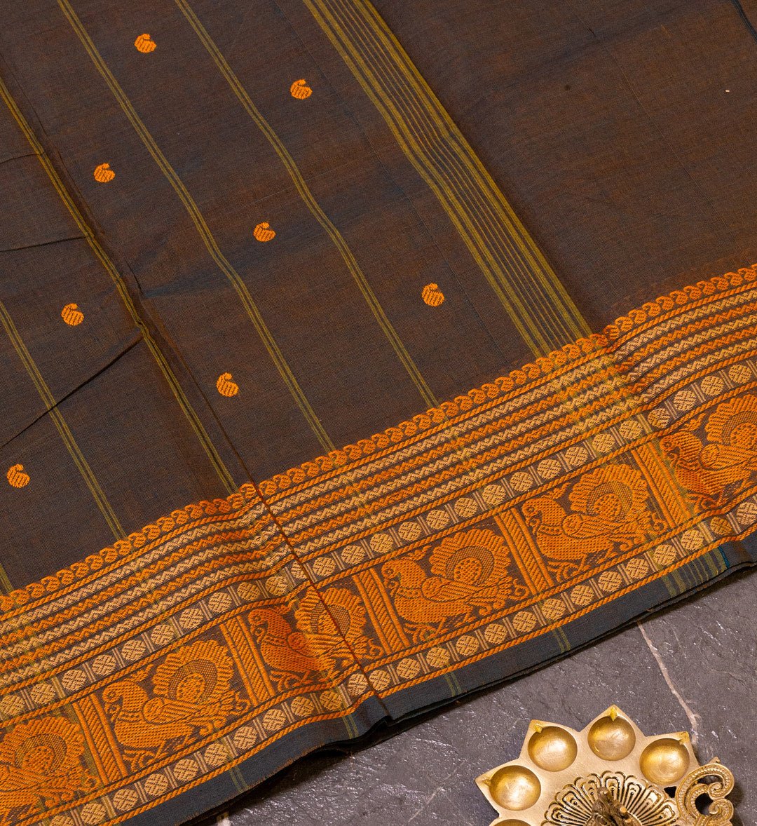 Upgrade Your Ethnic Look with Our Brown Thread Butta Chettinad Saree - swadeshsouq.com