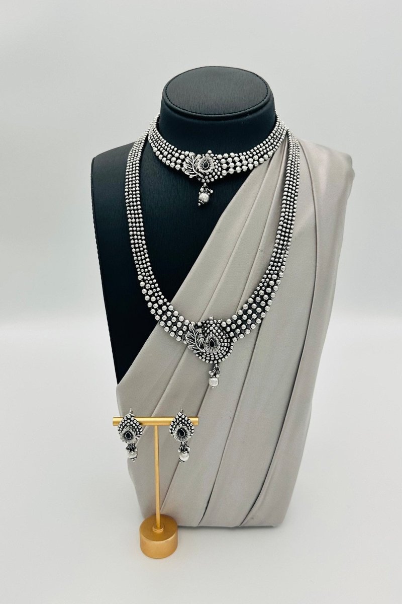 Versatile Oxidised Silver Long and Short Combo Necklace Set with Earrings. - swadeshsouq.com