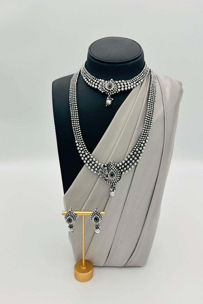 Versatile Oxidised Silver Long and Short Combo Necklace Set with Earrings. - swadeshsouq.com