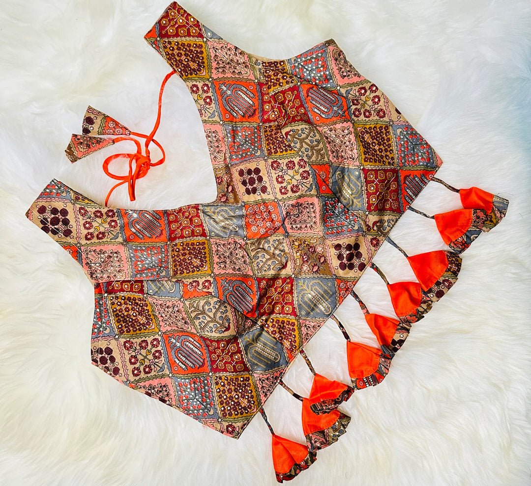 Vibrant and Versatile: The Grey and Orange Cotton Patola Blouse with Frilled Latkans - swadeshsouq.com