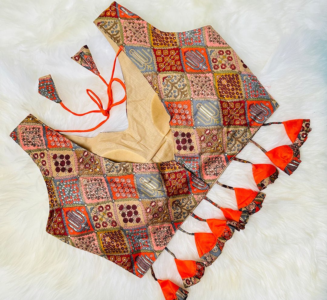 Vibrant and Versatile: The Grey and Orange Cotton Patola Blouse with Frilled Latkans - swadeshsouq.com