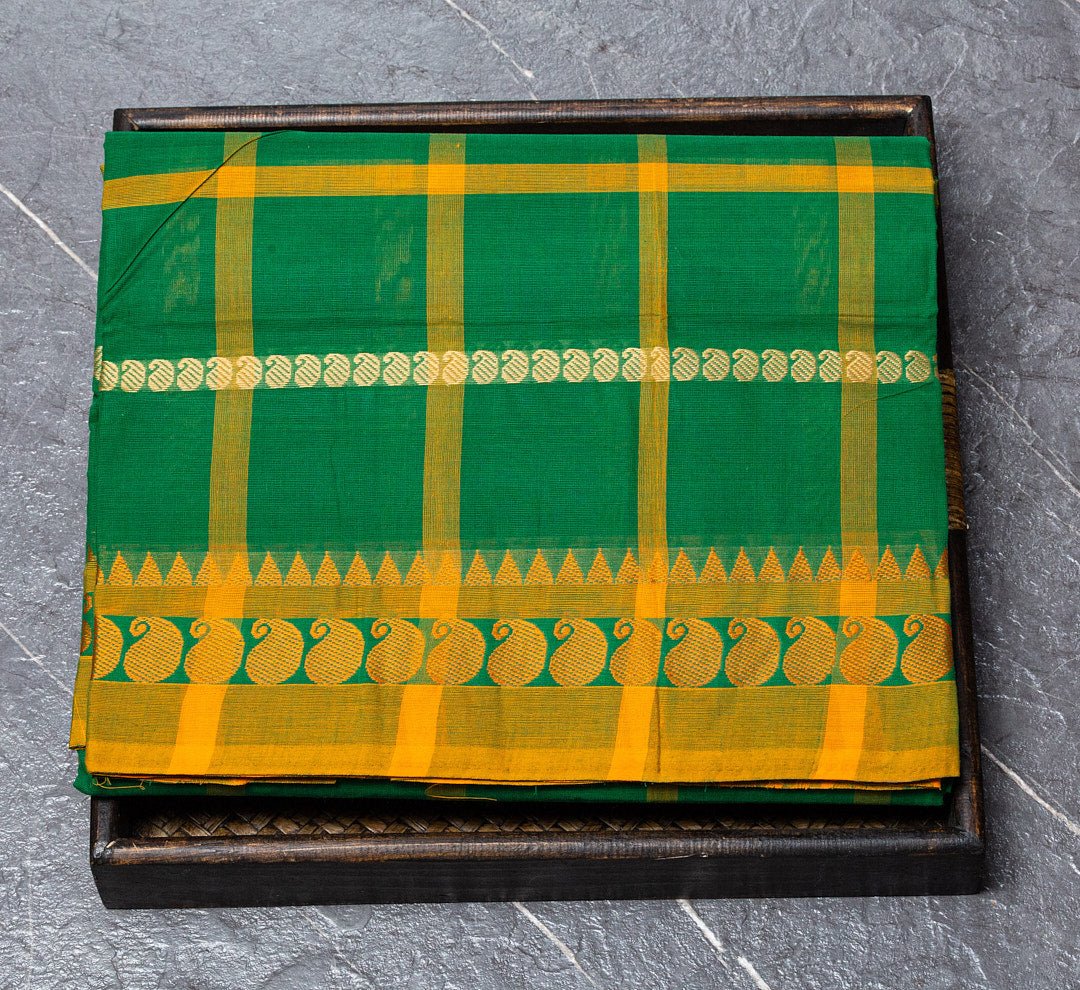 Vibrant Ethnic Charm: Adorn Yourself with the Green and Yellow Checks Thread Border Chettinad Cotton Saree. - swadeshsouq.com